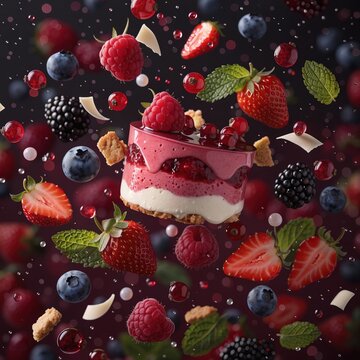 A luxurious slice of berry cake surrounded by flying fresh berries. A photorealistic composition featuring strawberries, raspberries, blackberries, blueberries, and red currants on a dark background.