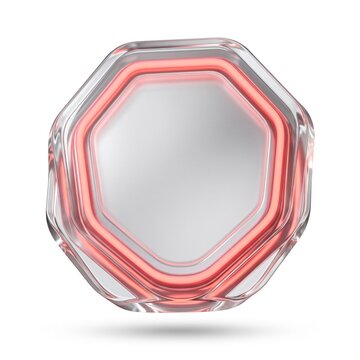 Futuristic glass hexagon button with pink neon glow, 3D crystal geometric interface element, glossy transparent tech icon on white background
