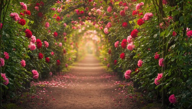 Enchanting rose garden tunnel with blooming red and pink flowers along a serene pathway