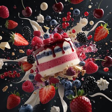 A premium promotional photo of a berry cake with a delicate sponge cake and creamy filling. Various fresh berries are suspended in the air, creating an effect of dynamism and weightlessness.