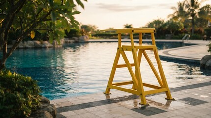 Fototapeta premium Yellow lifeguard chair by a luxury swimming pool, tropical resort poolside at sunset, empty wooden lifeguard stand for water safety and surveillance