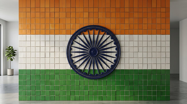 Decorative wall featuring a vintage bicycle wheel with the colors of the Indian flag in an indoor setting