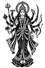 Fototapeta premium Durga Maa Silhouette with Traditional Weapons and Lotus Black Line Art