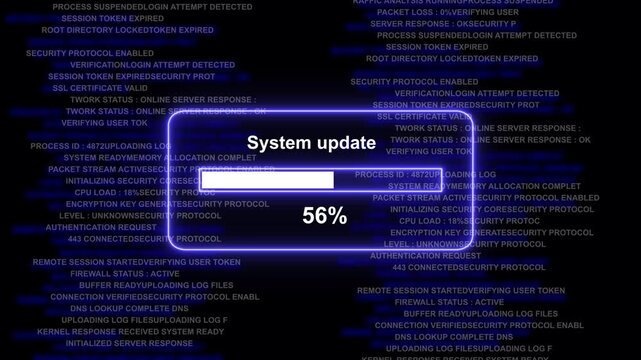 Dynamic system update progress bar animation with glowing neon ui over a high-tech cyber security background, featuring scrolling digital, code and network, protocol data for, modern tech projects