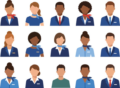 Diverse group of flight attendants and airline staff in professional uniforms