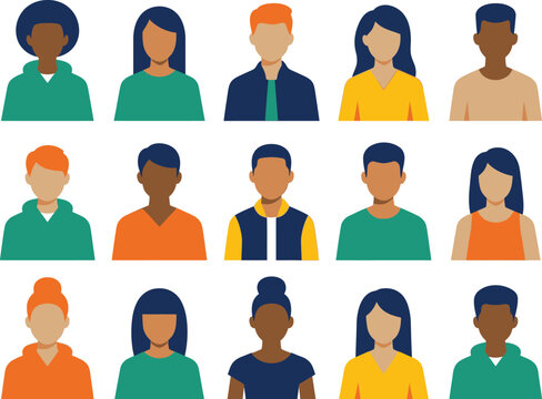 Set of diverse cartoon people icons with different hairstyles and clothing styles