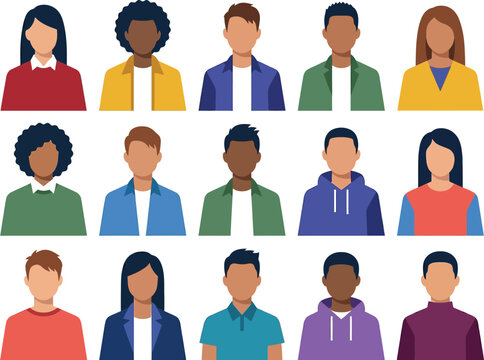 Set of diverse cartoon people icons with different outfits and hairstyles