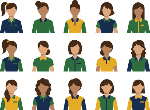 Set of diverse cartoon staff members wearing different colored uniforms