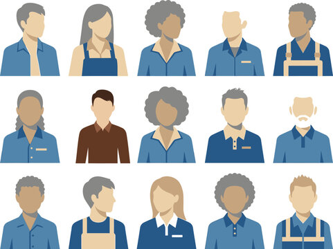 Set of diverse professional workers wearing uniforms with transparent background