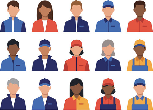Set of diverse uniformed workers wearing different colored caps and jackets