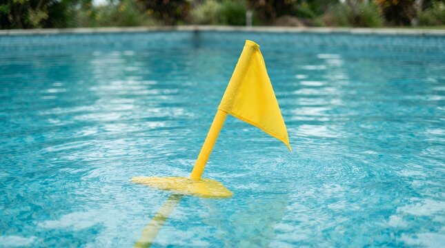 Yellow safety flag floating in swimming pool water, warning marker for pool maintenance, bright plastic signal in blue rippled water