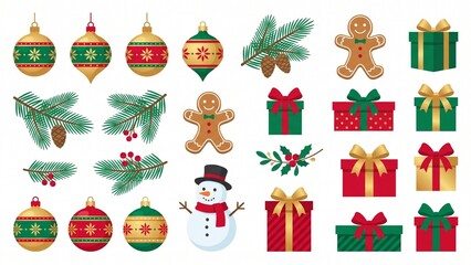 Fototapeta premium Festive winter holiday element set with golden baubles pine branches gingerbread man and gift boxes for seasonal design kit