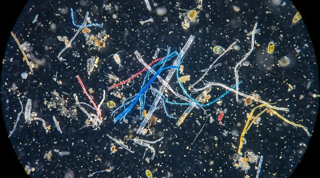 Microscopic view of microplastic pollution fragments in dark water environment under polarized light