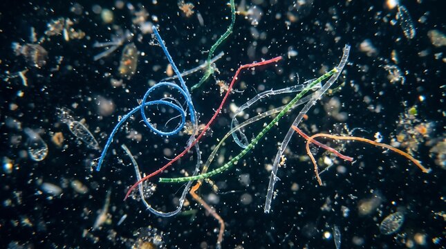 Microscopic view of colorful microplastic fibers and particles in dark watery background