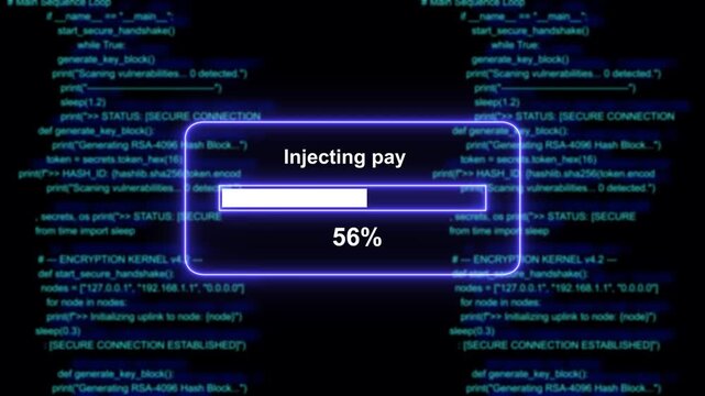 Cybersecurity data breach simulation featuring a glowing progress bar injecting payload into encrypted server source code background, for advanced network, security, hacking, and digital