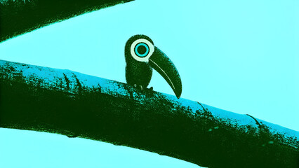 Fototapeta premium Minimalist duotone toucan bird silhouette on branch. Screen print and graphic poster concept. Tropical bird sitting under stylized palm leaves