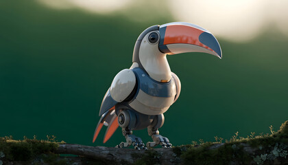 Fototapeta premium Futuristic robotic toucan bird in natural habitat. Cybernetic fauna and bioengineering concept. Mechanical animal perching on tree branch