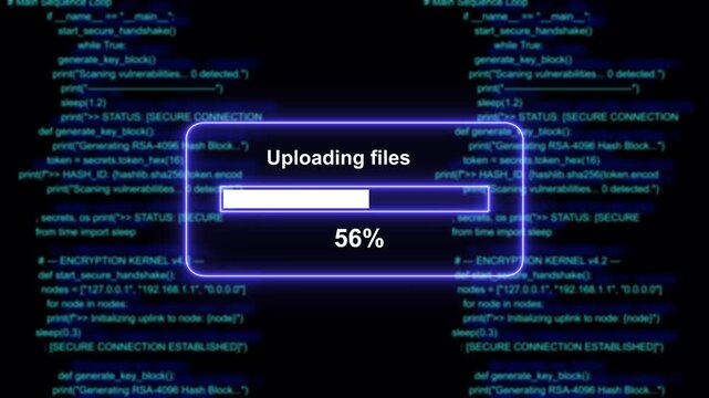 Dynamic digital progress bar animation displaying file uploading process with advanced cyber security programming code background, for high-tech software, development and modern, data transfer