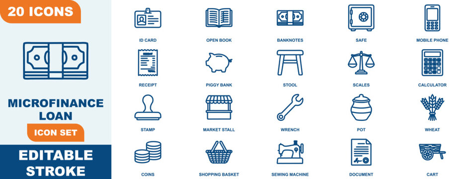 Microfinance loan icon set featuring banking and financial services symbols in a clean minimalist blue line style for business