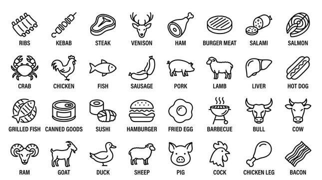 A comprehensive collection of line art icons depicting various meat, poultry, seafood, and processed food items, suitable for culinary themes.