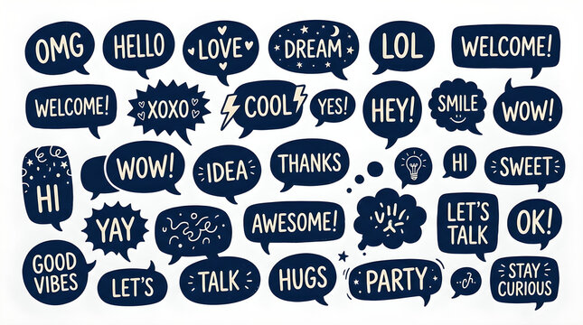 A diverse collection of dark blue speech and thought bubbles featuring various white text messages and decorative elements.