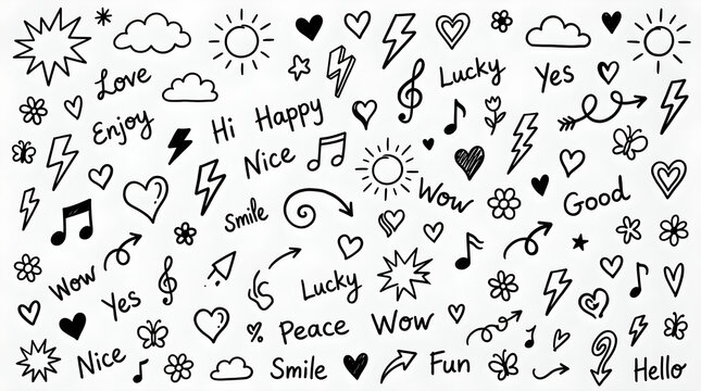 A collection of hand-drawn black and white doodle elements including hearts, stars, suns, musical notes, and positive words.