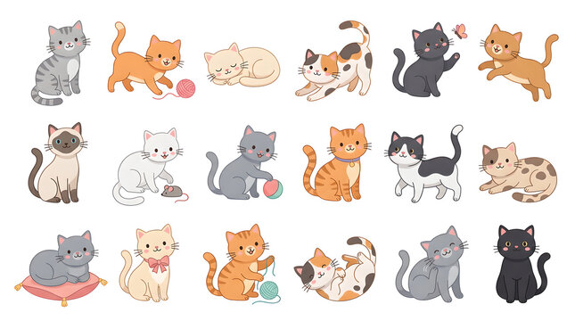 A large collection of cute cartoon cats in various poses, colors, and activities, including playing, sleeping, and sitting, on a white background.