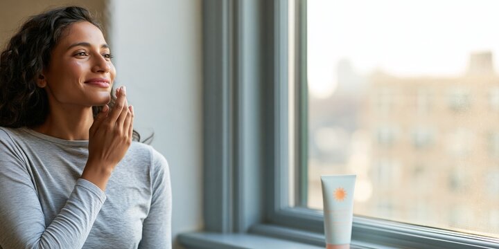 Woman applying skincare cream by window
