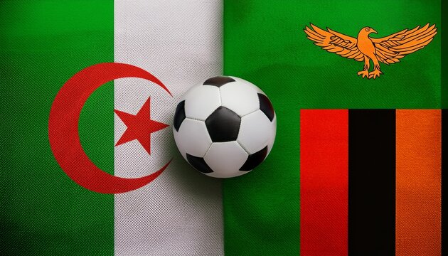 soccer ball between algeria flag and Zambia flag
