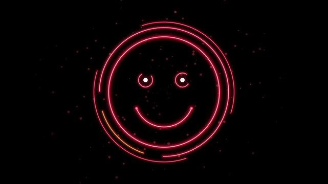 Glowing red neon smiley face icon with circular lines on a dark background 4k Motion Video