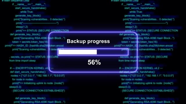 Dynamic digital backup progress bar loading on a futuristic dark background, with scrolling software, source code lines, representing data transfer, system synchronization, and, advanced cyber