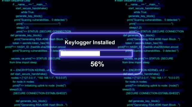 Cyber security threat simulation featuring a malicious keylogger software installation progress bar overlaying complex blue programming code background, for digital hacking, and network intrusion
