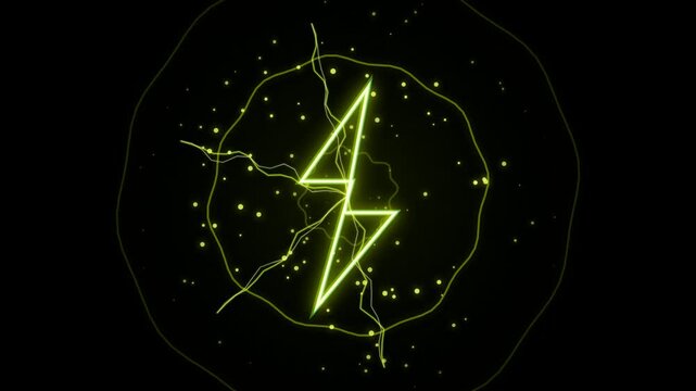 Glowing neon lightning bolt symbol with bright particles and abstract circular light lines on a dark black background for digital energy and power concept design 4k Motion Video