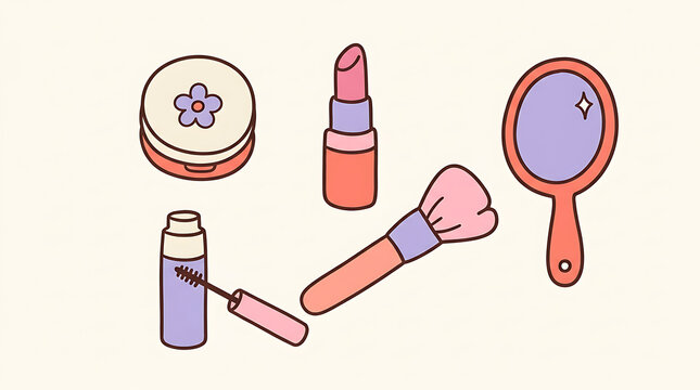 Hand drawn makeup collection with lipstick powder brush and mirror