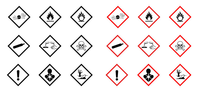 GHS hazard pictograms with chemical hazard warning symbols in solid and red diamonds. Safety labels for OSHA, hazard communication, chemical labeling and industrial safety
