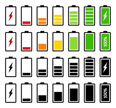 Battery charging level indicator icons set vector illustration.Battery charge level concept.