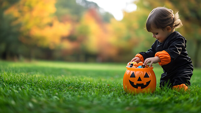 Wide autumn e-commerce hero banner of cute toddler playing with halloween candy bucket in park with copy space