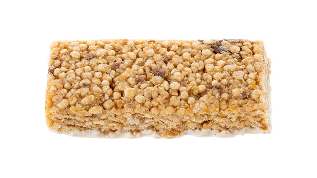 Oat and nut bar isolated on white. Granola bar. Healthy sweet dessert snack. Cereal granola bar with nuts, fruit and berries. Healthy munchies. 