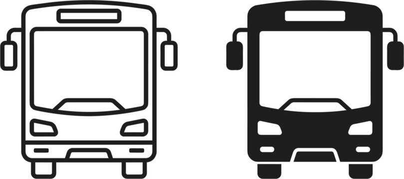 Public transport bus front view vector icon set featuring line art outline and solid glyph style vehicle symbols