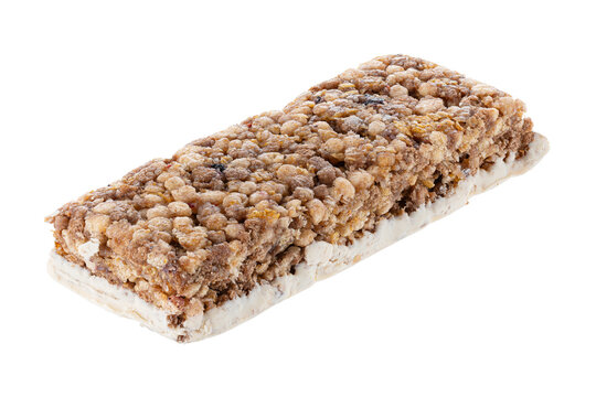 Oat and nut bar isolated on white. Granola bar. Healthy sweet dessert snack. Cereal granola bar with nuts, fruit and berries. Healthy munchies. 
