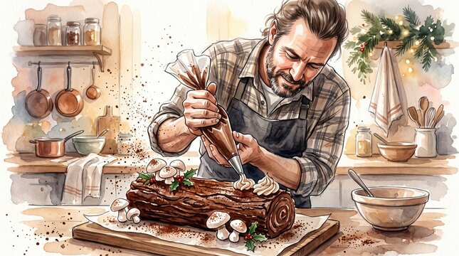 A bearded man finishes decorating a chocolate yule log cake with cream piping in a rustic kitchen setting, capturing the warm atmosphere of holiday baking traditions.
