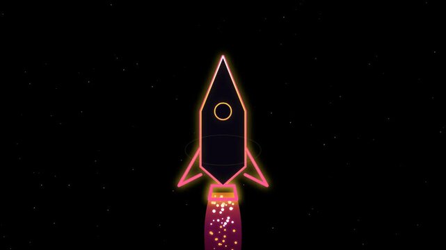 Glowing neon rocket ship flying through deep dark space with bright exhaust flames 4k Motion Video