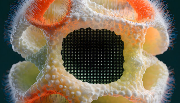 Microscopic cellular structure surrounding digital microchip processor. Synthetic biology and neural interface concept. Textured bio frame encasing modern semiconductor hardware