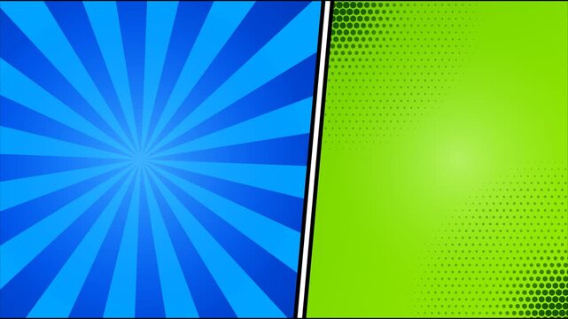 Split screen comic book background with blue sunburst rays and green halftone texture for pop art design