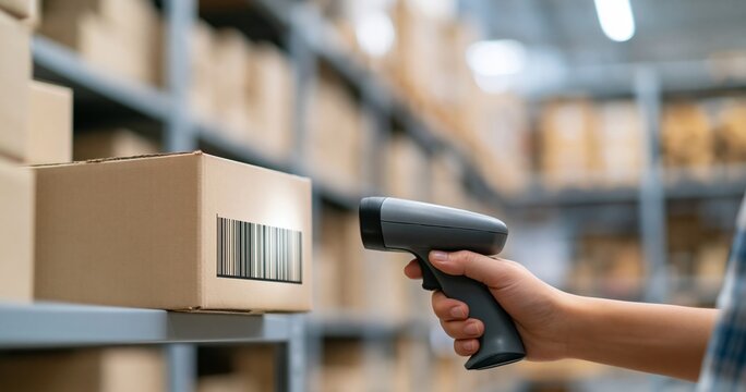 Hand scanning barcode on cardboard box