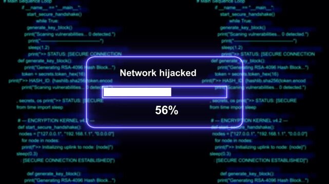 Cyber security breach alert featuring a digital network hijacked warning with a loading progress bar overlaying complex blue programming code background, for advanced technology, and hacking concepts