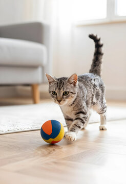 Pet care and animal companionship, playful tabby cat chasing a colorful ball on a wooden floor in a bright home living room interior