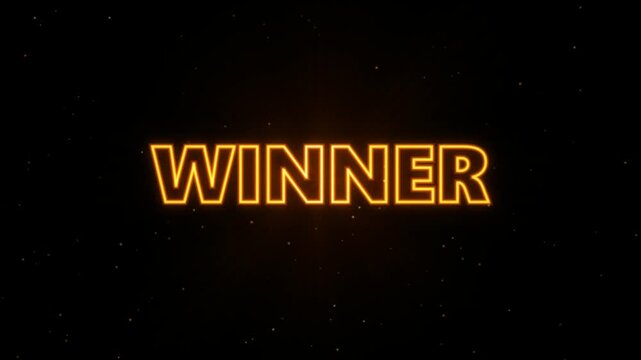 Winner word written in glowing bright orange neon letters isolated on a dark black background with particles 4k Motion Video