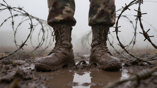 Mud-covered military combat boots standing on wet uneven ground between tangled coils of barbed wire in a foggy, desolate landscape.