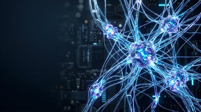 Macro detail of multiple glowing biological neuron cells forming synaptic connections over a circuit board background with copy space.